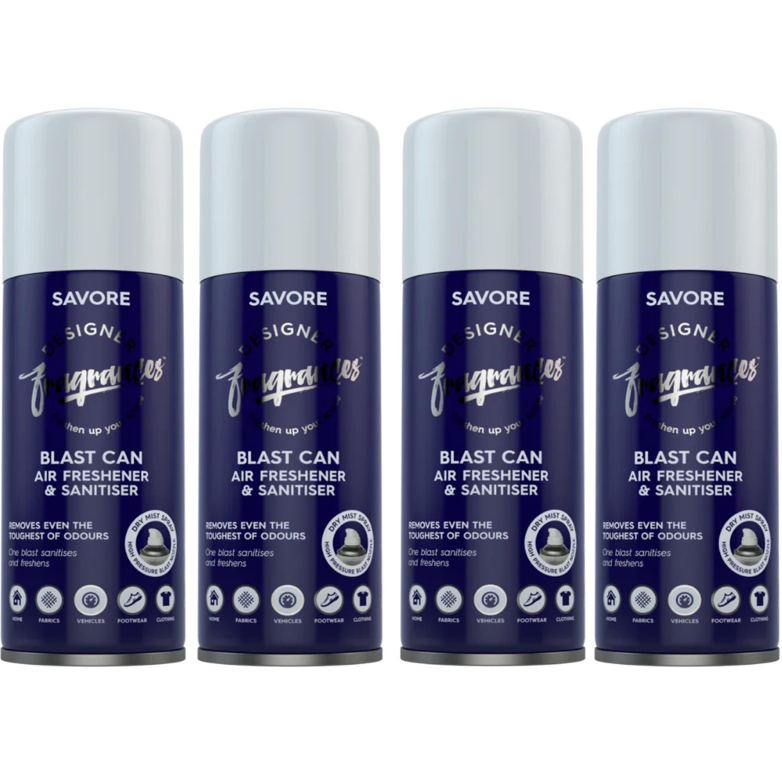 Air Freshener Blast Can 4 x Savore Designer Fragrances Spray 400ml Car