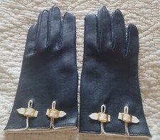 Vintage Made In Japan Navy White Leather Gloves Faux Gold Buckle Wrist Length