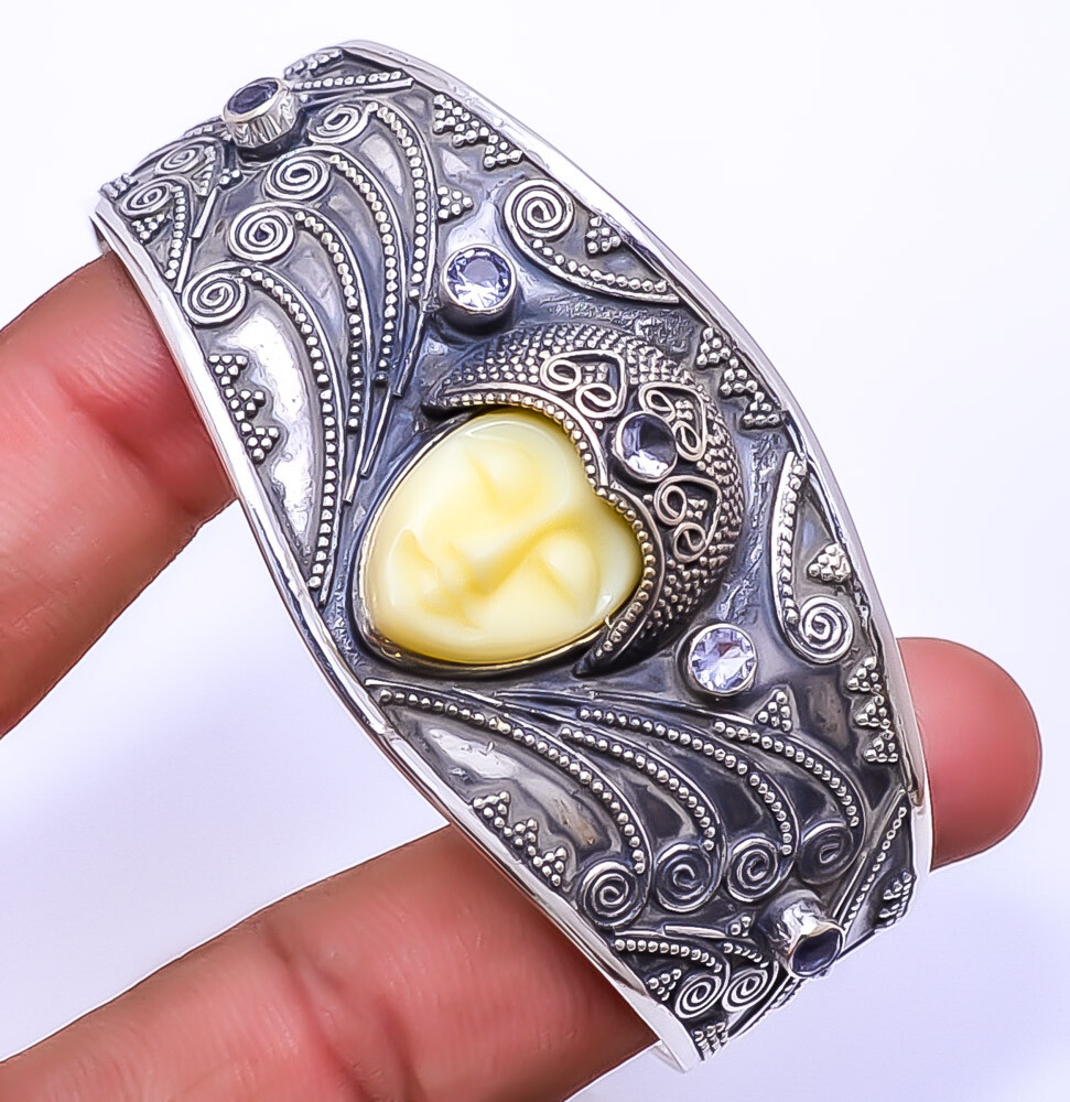 Yellow Onyx White Topaz Sterling Silver Bali Cuff Bracelet 7 Inch C_9215_58_66