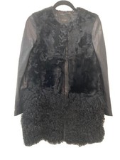 Maje Black Leather & Lamb Fur Coat