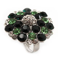 Silver Tone Grass/Emerald Green Diamante Cocktail Ring (Adjustable Size 7/8)