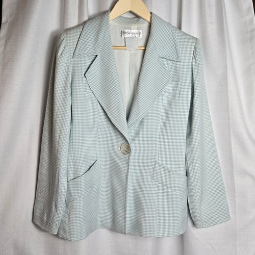 Saint Laurent, Vintage 90s Yves Saint Laurent Encore Gingham Check Blazer Light Blue Womens 10