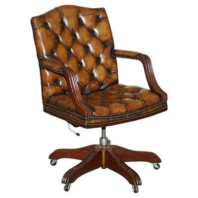 LOVELY RESTORED HAND DYED CIGAR BROWN LEATHER CHESTERFIELD TUFTED CAPTAINS CHAIR - Image 1 of 4