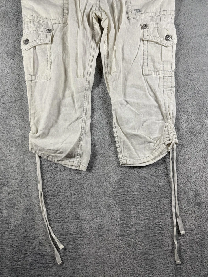 Miss Me Pants Womens 29 Cargo Capri White Linen Blend Embroidered Rhinestone Y2K - Image 3 of 4