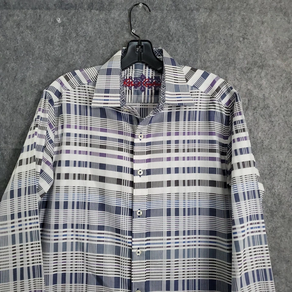 Robert Graham Mens Blue & White Striped Plaid Dress Shirt Size Small Check Strip - Image 4 of 4
