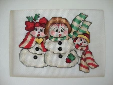 COMPLETED FINISHED CROSS STITCH CARD ''DARLING SNOW FAMILY"