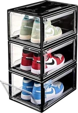 3Pack Magnetic Drop Front Shoe Box Clear Plastic Stackable Storage Bins Large