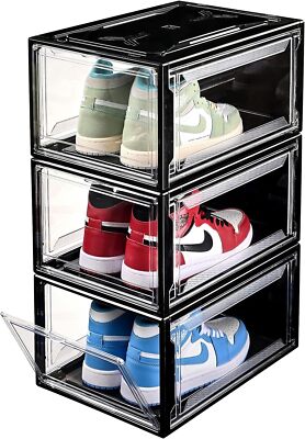 3Pack Magnetic Drop Front Shoe Box Clear Plastic Stackable Storage