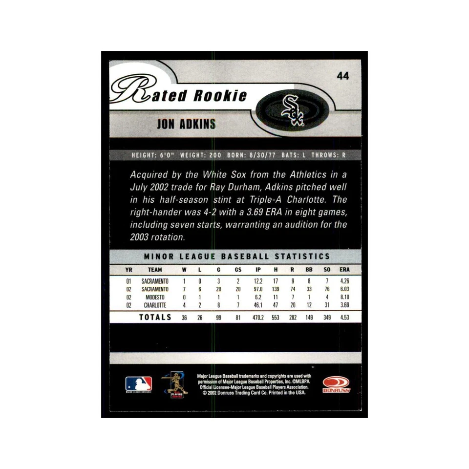 2003 Donruss Jon Adkins Baseball Cards #44 - Image 2 of 3