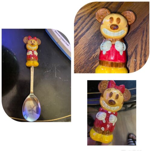 Vtg Disney OLD Mickey Mouse Ceramic/Plastic Salad Spoon & Fork   y 4 stainless - Afbeelding 1 van 12