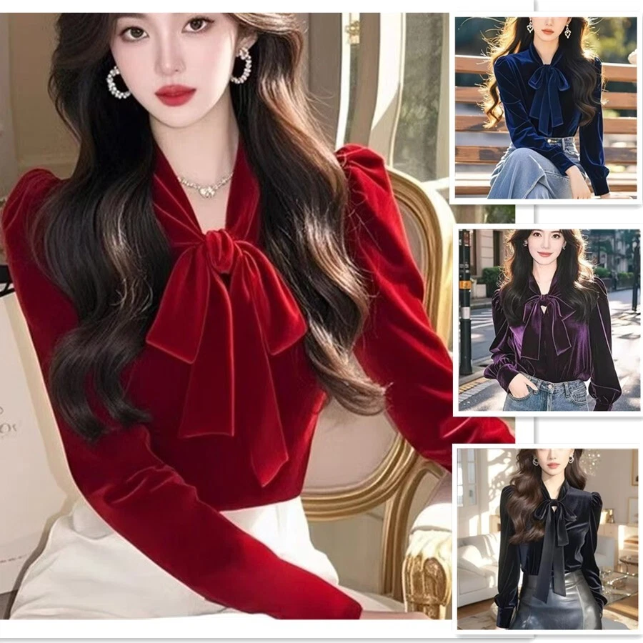 New Bow Long Sleeved Velvet Shirt Women Stylish Blouse Slim Puff Sleeve Tops - 第 1 张/共 15 张