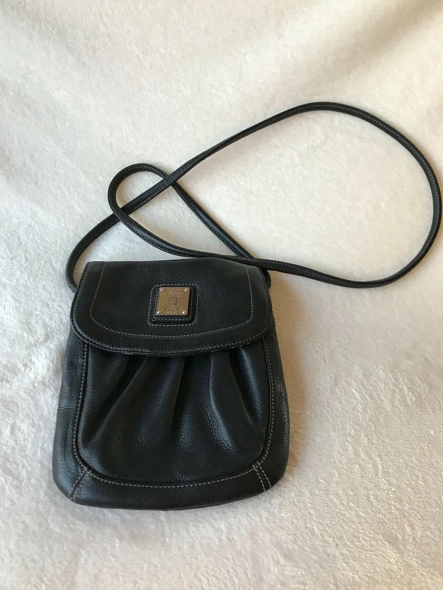 Tignanello Black Pebbled Leather Flap Logo Crossbody Handbag eBay