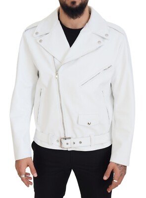 DOLCE & GABBANA Jacket White Leather Biker Coat Zipper IT46/US36/S