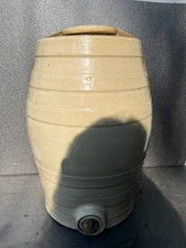 VINTAGE VICTORIAN LARGE CREAM STONEWARE BARREL WITH CORK ALE DIPSENSER KEG