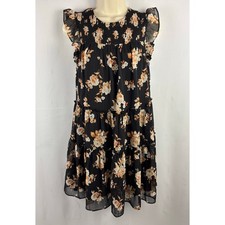 Black Floral Smocked Dress Women’s XS Cottagecore Flutter Ruffle Lined