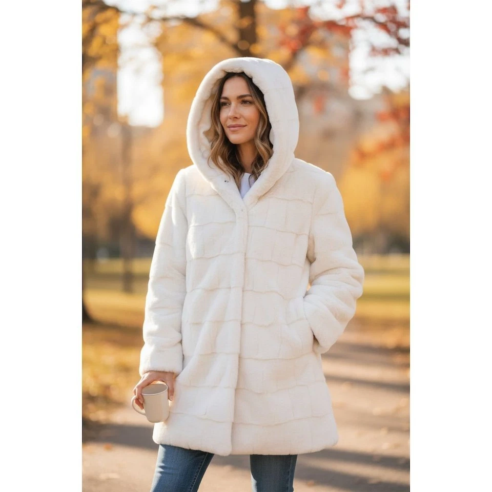 Abrigo reversible con capucha blanco Dennis by Dennis Basso piel de conejito sintético para mujer M  Foto 2 de 4