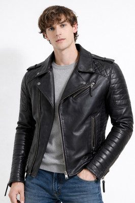 Men s Black Moto Leather Jacket Quilted Padded Biker Motorcycle Slim Fit Coat