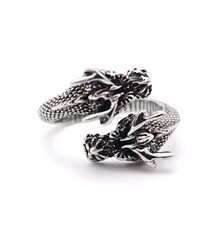 Dueling Dragon Head Ring Silver Plated Adjustable Fantasy Gothic Jewelry