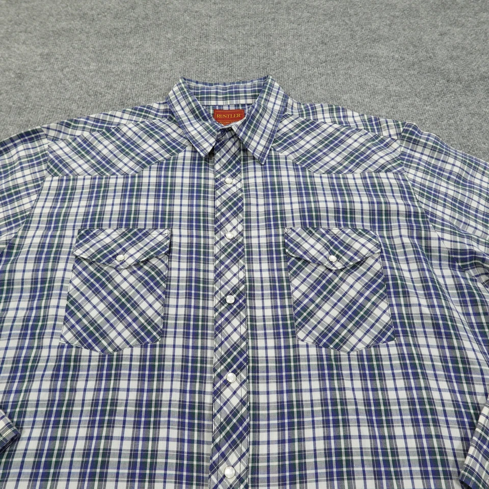 Camisa Rustler De Colección Para Hombres 2XL Azul Verde A Cuadros Perla Occidental Colas Largas a Presión Foto 2 de 4