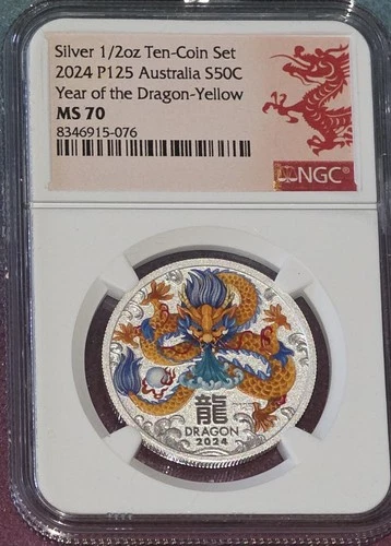 2024 Australia Year of the Dragon 1/2 OZ Blue Tail Up NGC MS70