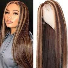 Long Straight Glueless Lace Front Wigs Brown Blonde Ombre Highlights Mixed Color