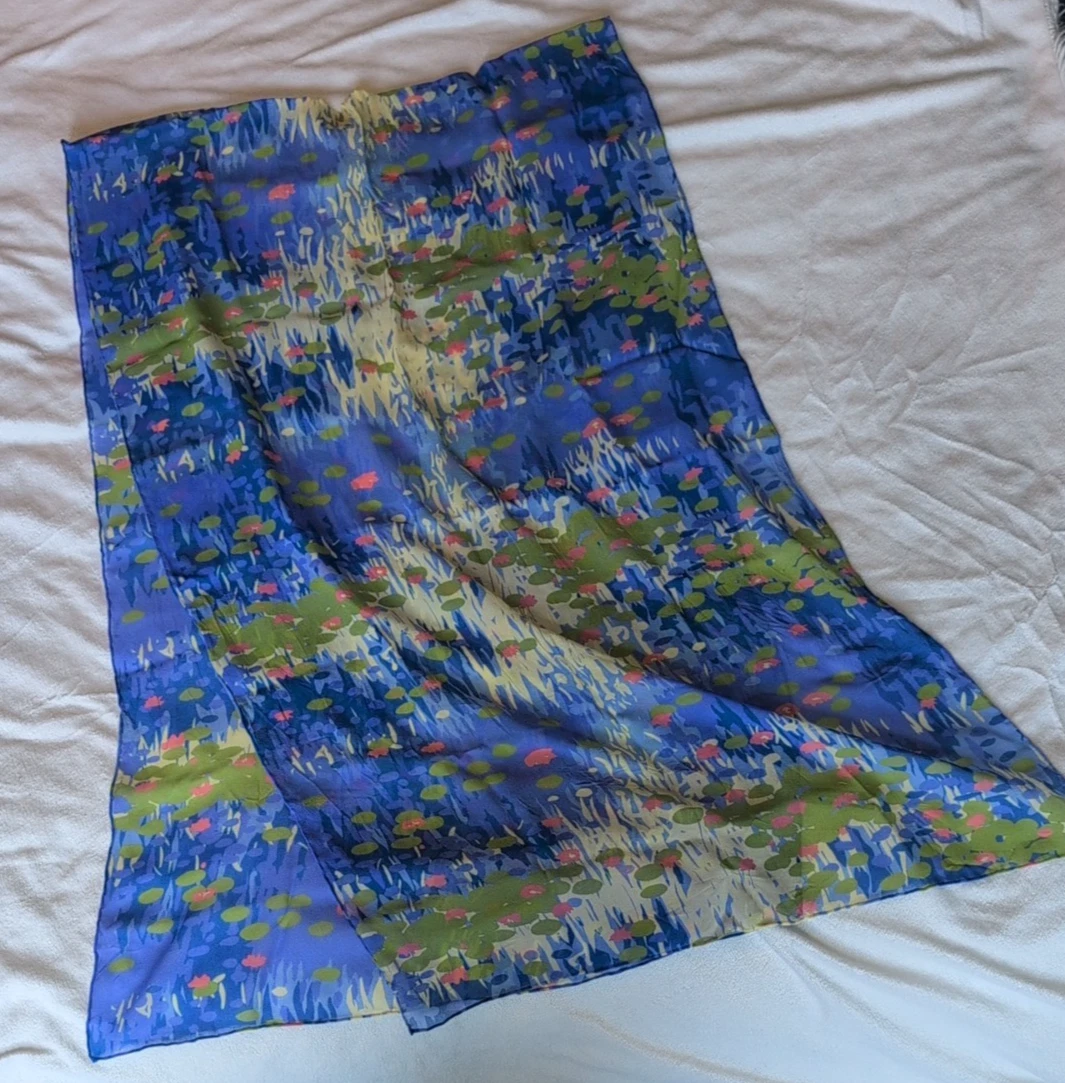 ZazouLuxe 100% Silk Scarf Claude Monet Water Lilies Art Print Blue Oblong 66x31
