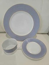 A Raynaud and Co Mille Raies Crinoline Blue Limoges Dinner Plate, Cup and Saucer