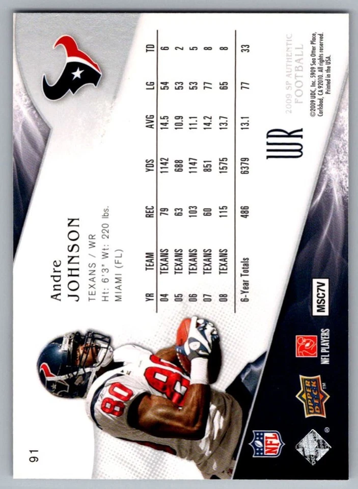 2009 SP Authentic Andre Johnson Houston Texans #91 - Image 2 of 2