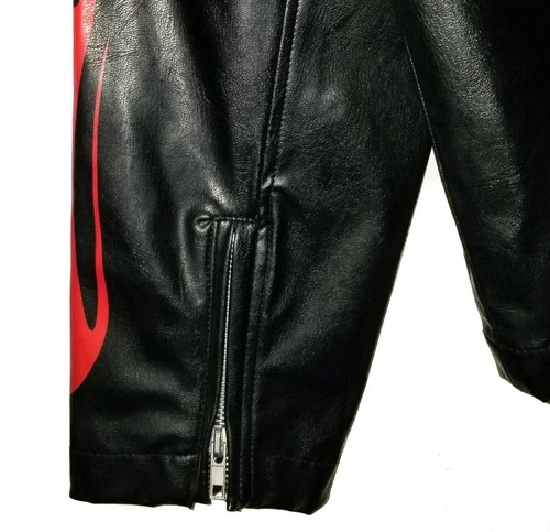 BC Ethic Faux Leather Jacket Vintage 90s Black Fire Flame Sleeves Mens LG image 10