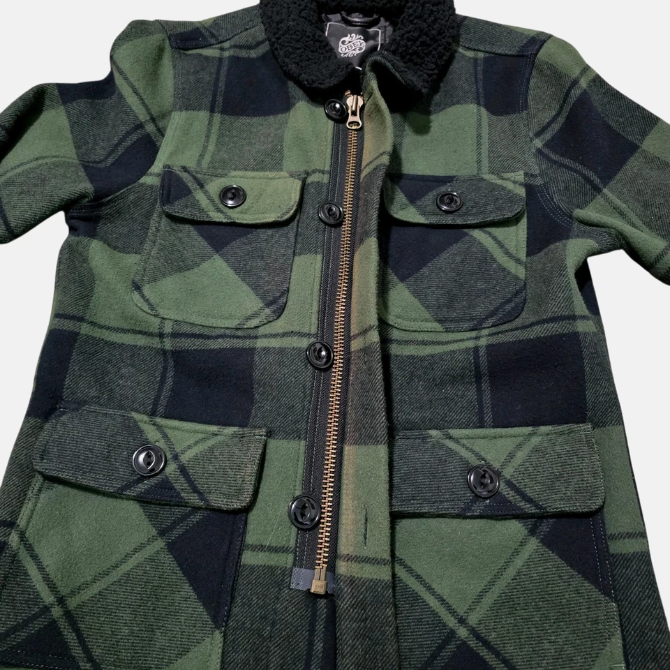 Jaqueta xadrez Obey Burlington masculina tamanho médio verde preta colarinho Sherpa - Imagem 4 de 4