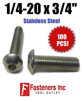 (Qty 100) 1/4-20 x 3/4'' Button Head Socket Cap Screw Stainless Steel Screws UNC