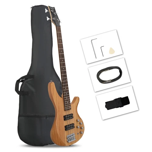 Glarry 44" GIB Burlywood Laurel Wood Electric Bass Guitar Kit H-H Pickup w/ Bag