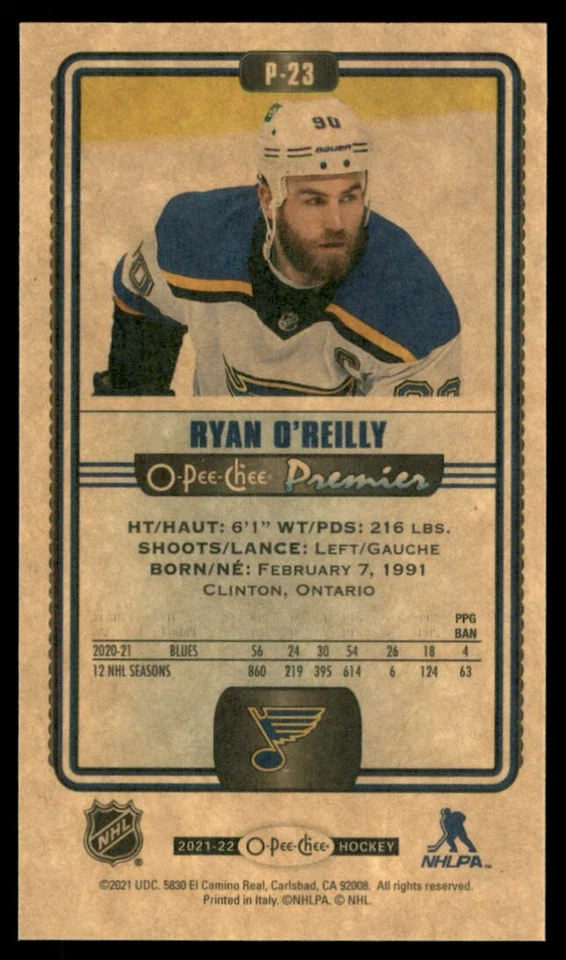 2021-22 O-Pee-Chee Premier Tallboys Ryan O'Reilly #P-23 - Image 2 of 2