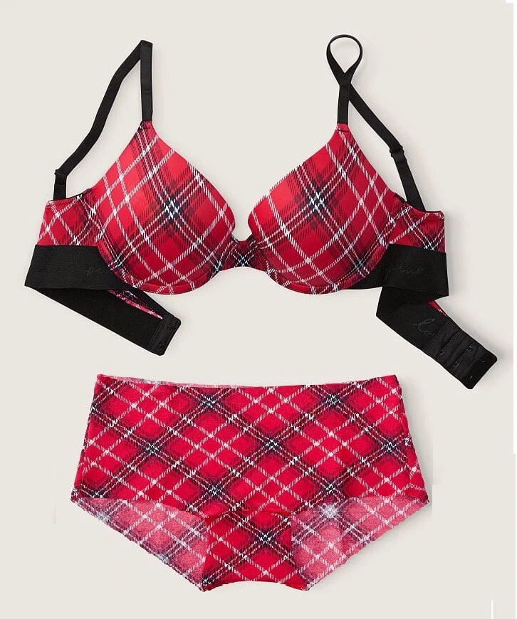 Victoria's Secret PINK Push-up Bra/Boyshort Panty Set Red Pepper Plaid  36D/M