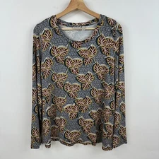 LOGO Lori Goldstein Tunic Top L Blue Green Leaf Print Stretch Long Sleeve