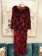 Vintage Carole Little Wine Red Velvet Floral Long Dress Size 12