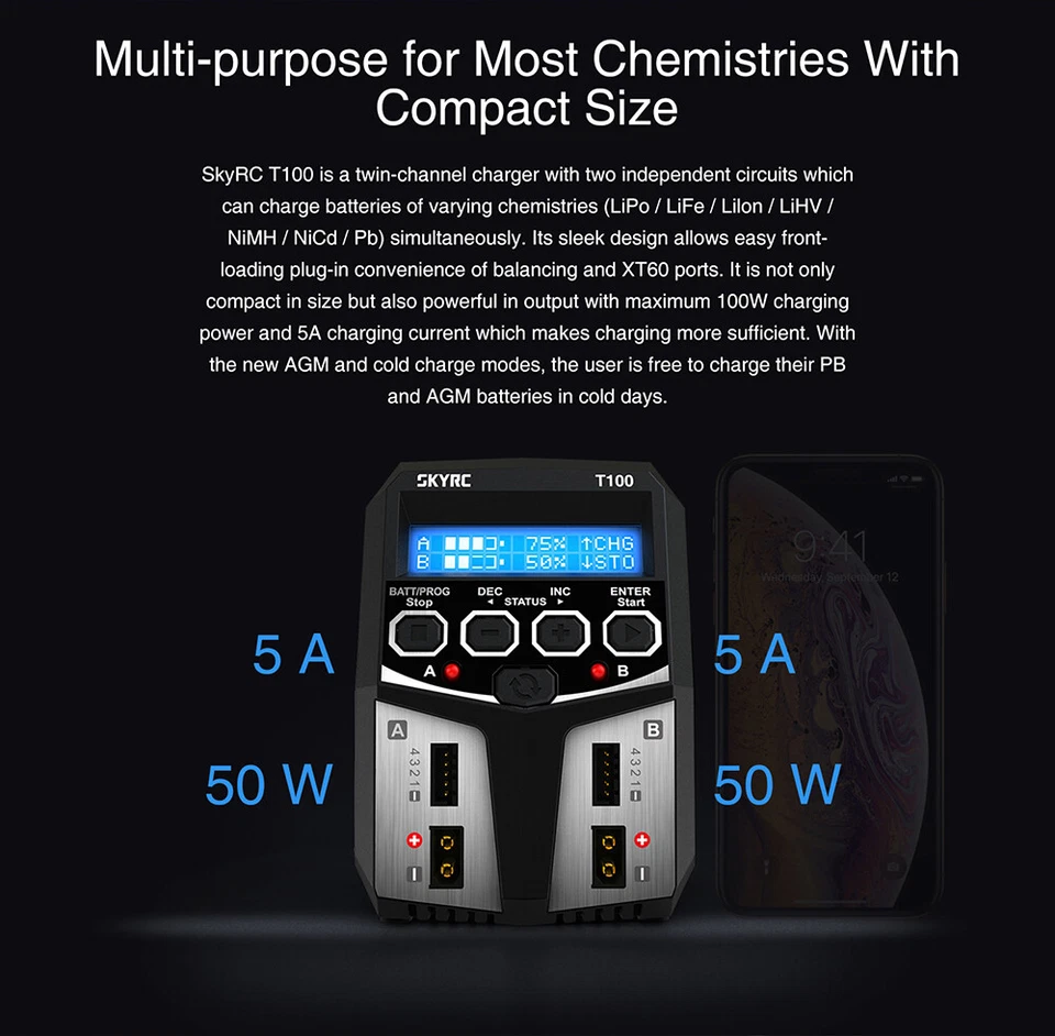 SKYRC T100 AC Lipo Battery Balance Charger Dual 5A 2X50W 2-4S RC Car Charger - Image 4 of 4