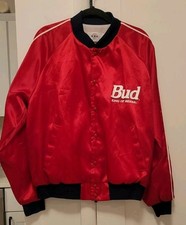 Vintage Budweiser Red White Satin Bomber Jacket Adult Large 90s Made In USA Beer