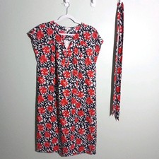 Talbots Sheath Dress size Large, Floral Navy Blue Red w/ Belt Casual Career VG
