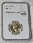 1940 P WASHINGTON 90% SILVER QUARTER DOLLAR NGC MS 64 MS64 PHILADELPHIA MINT USA