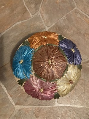 Vintage 1970's BOHO Island Woven Basket w/ Lid & VIBRANT Raffia Flowers