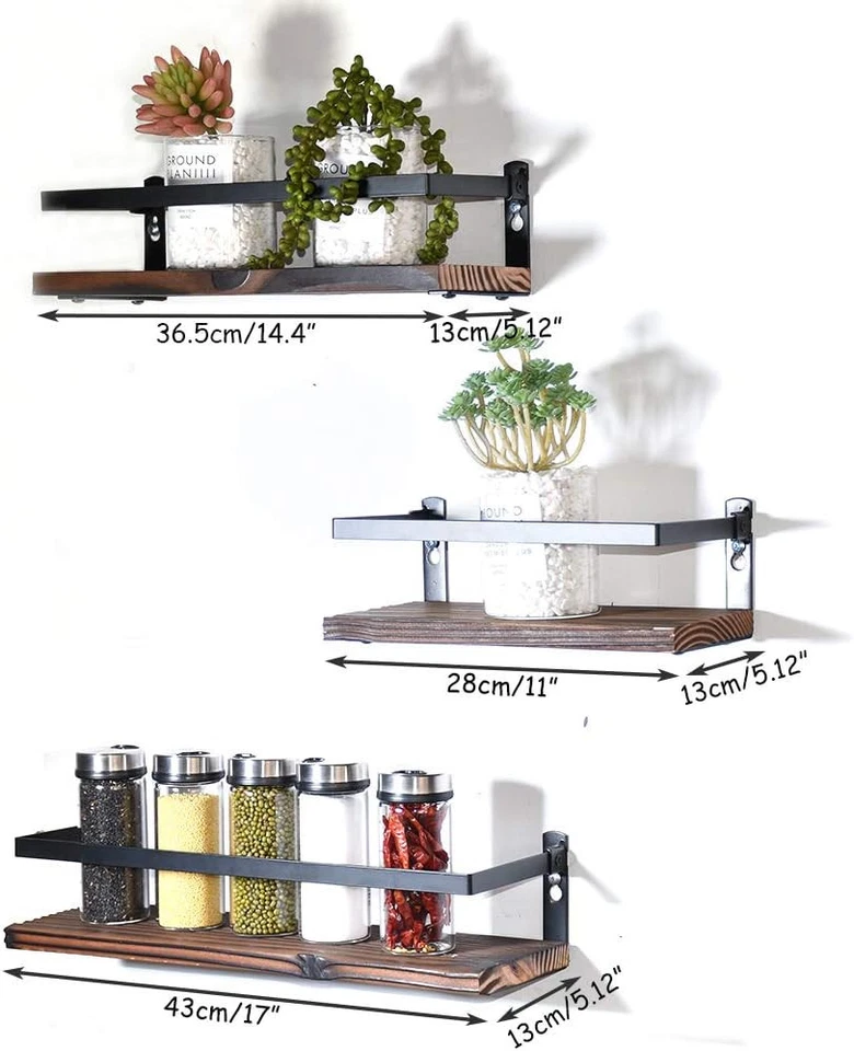 Floating Shelves Rustic Wood Wall Mounted Shelf Practical set of 3, Brown  - Image 3 of 4