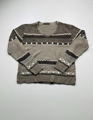Vintage Earth Tone  Knit Sweater Men s L Brown Grey Abstract Stripe Pullover