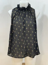 H & M Sheer Black w/Gold Diamonds Ruffle Neck Keyhole Sleeveless Blouse Size 14