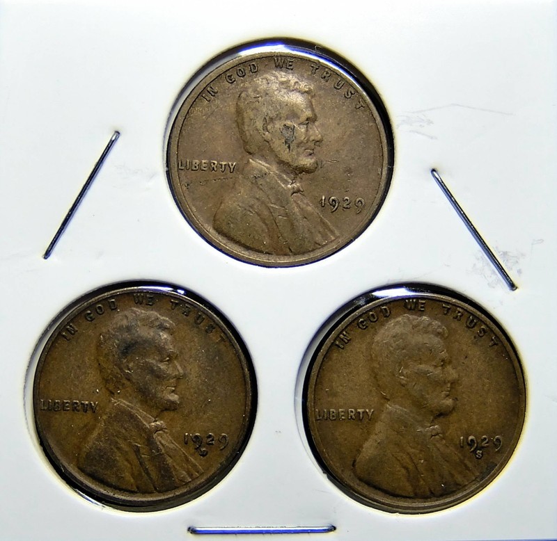 1929-P 1929-D 1929-S  Lincoln Wheat Copper Penny Cent - 3 Coin Set