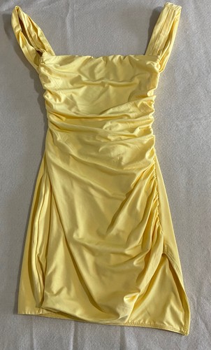 Thats So Fetch Deanna Mini Dress Yellow Ruched Tie Waist Party Size 2