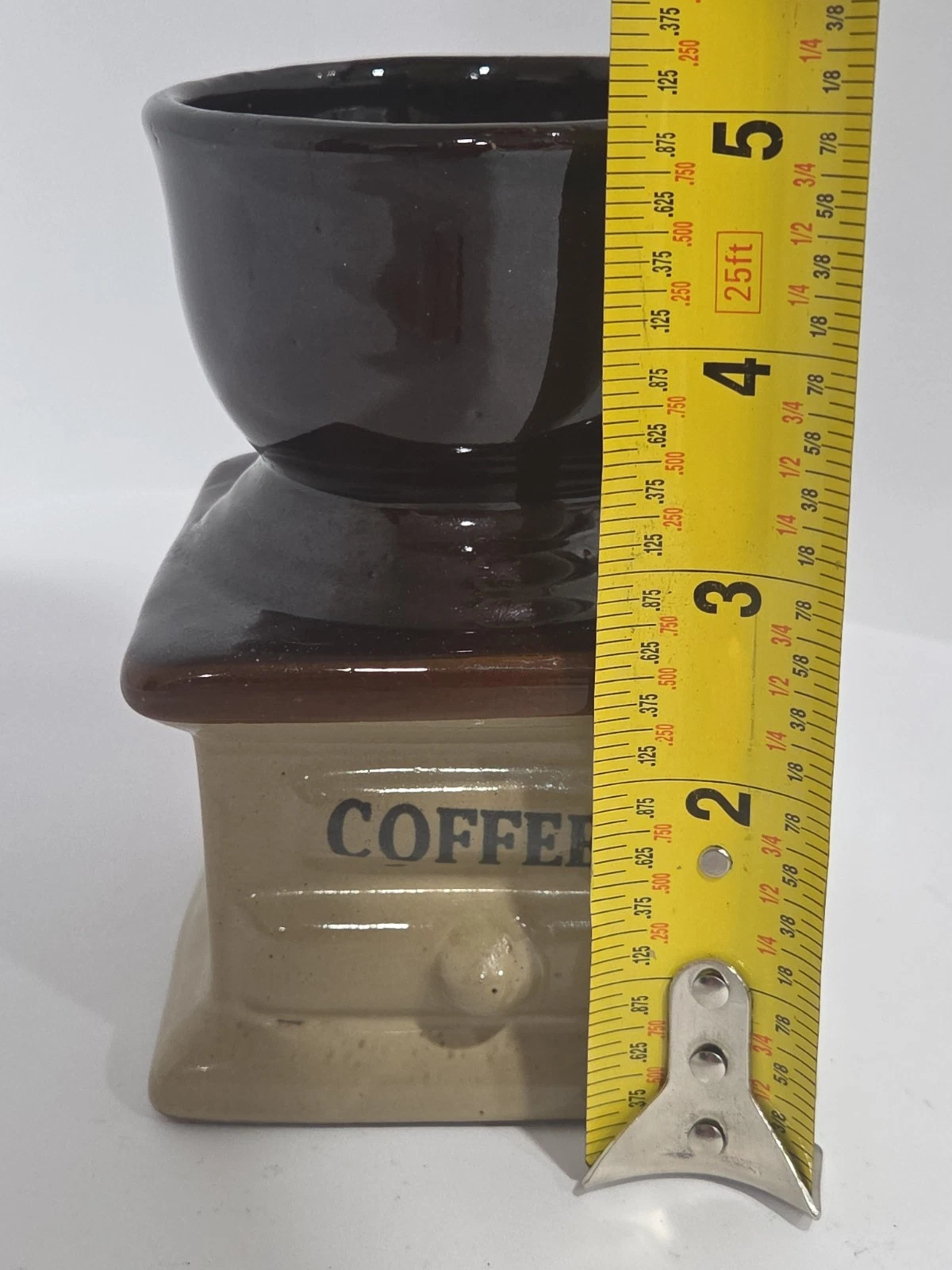Vintage Ceramic Coffee Grinder Spice Holder Jar Brown Tan