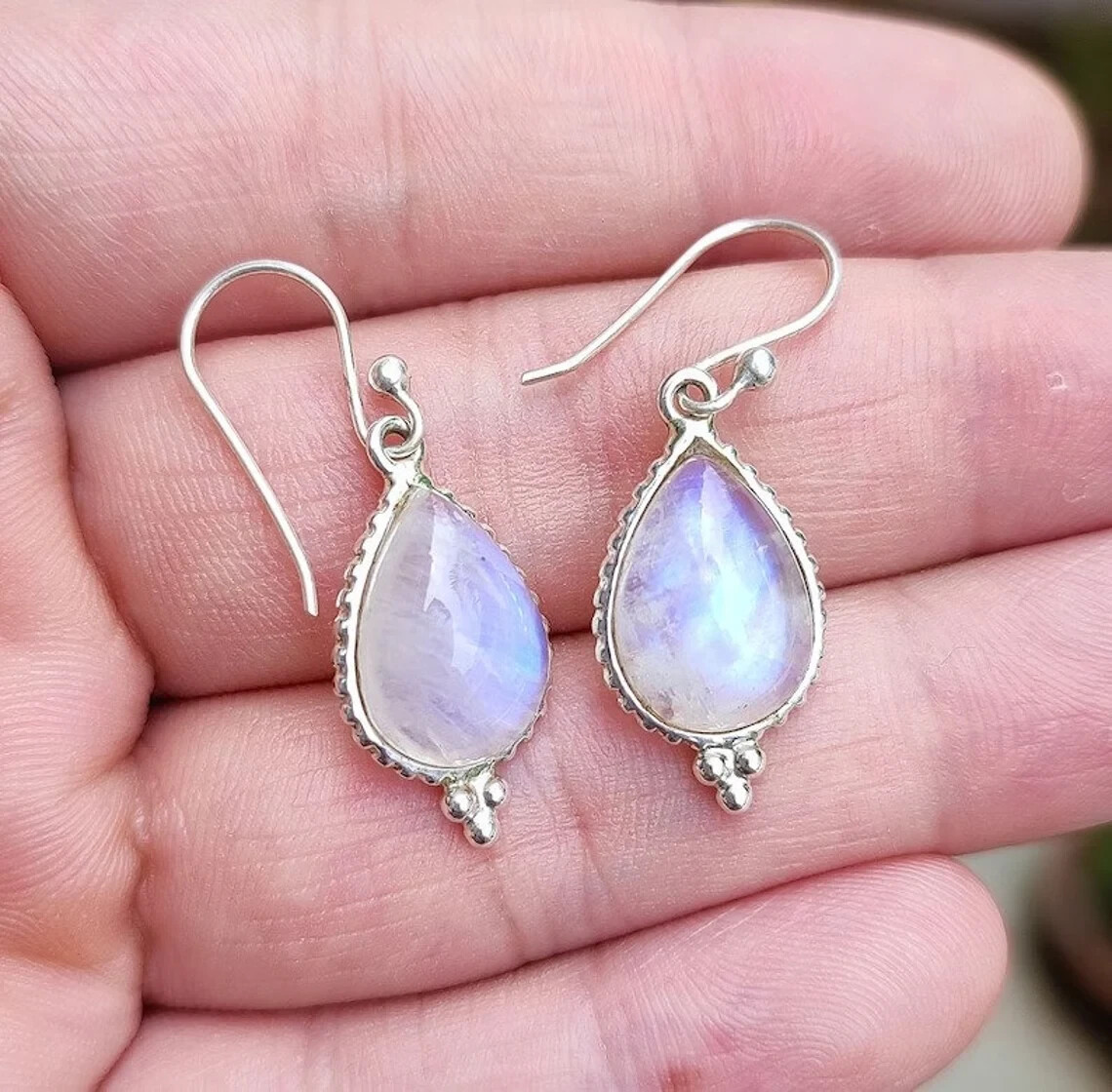 Natural Rainbow Moonstone 925 Sterling Silver Tear Drop Earrings