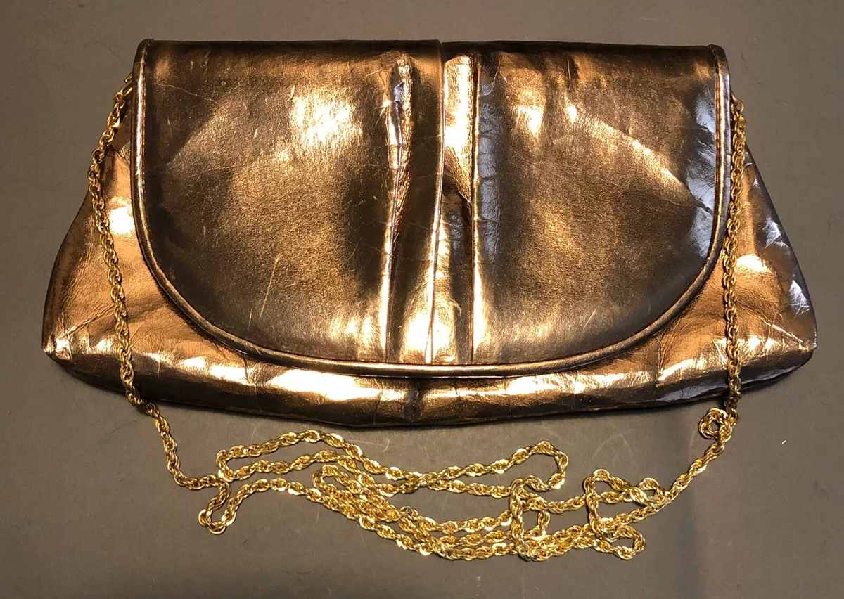 La Regale Metallic Copper Gold Tone Chain Strap Evening Bag Clutch Purse