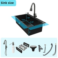 Black Kitchen Sink Stainless Steel Drop In Sinks Top Mount 28"30"32" Single Bowl